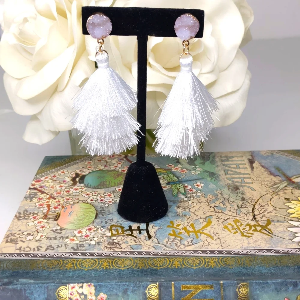 Women's handmade Boho style white tassel earrings with white stone's